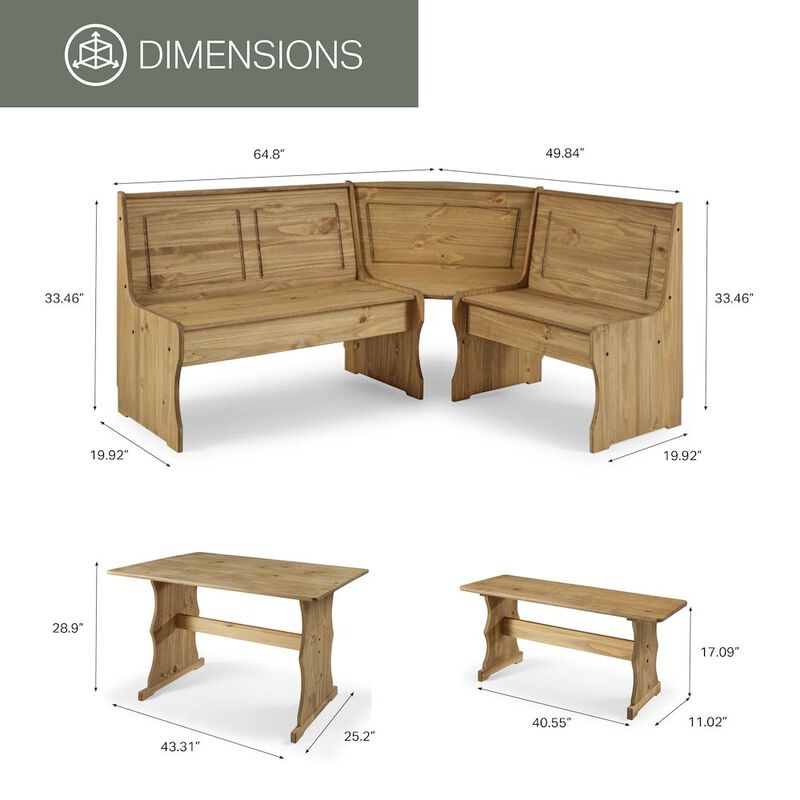 OS Home and Office Furniture Solid Pine Corner Dining Booth in Corona Brown