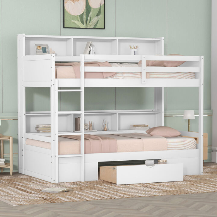Twin Size Bunk Bed with Built-in Shelves Beside both Upper and Down Bed and Storage Drawer, Gray