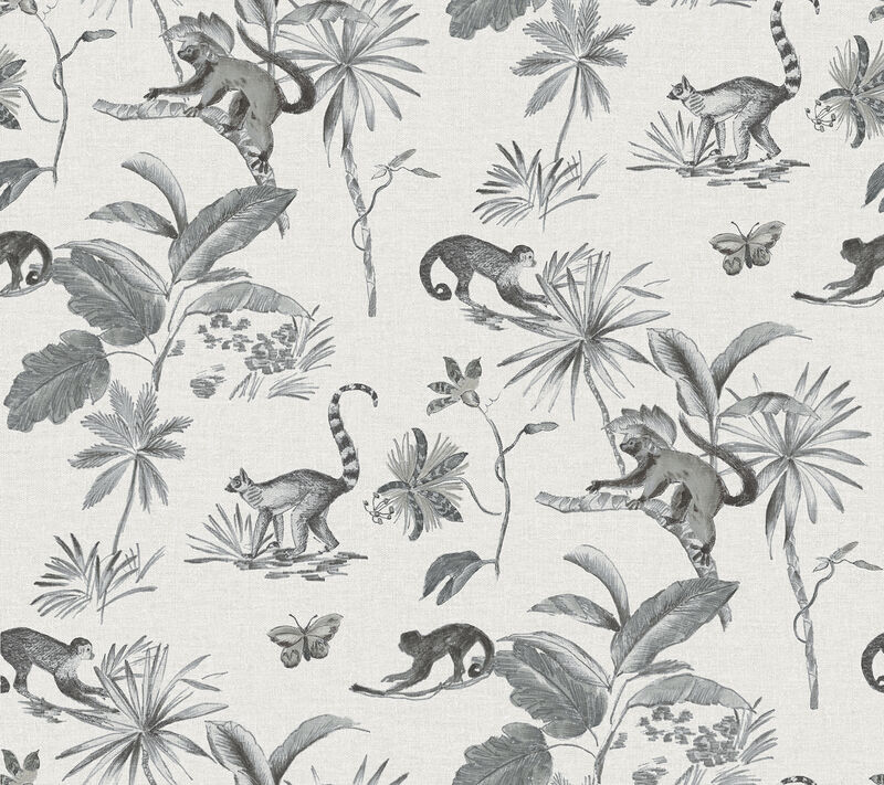 Botanicals & Lemurs Grey Peel & Stick Wallpaper image number 0