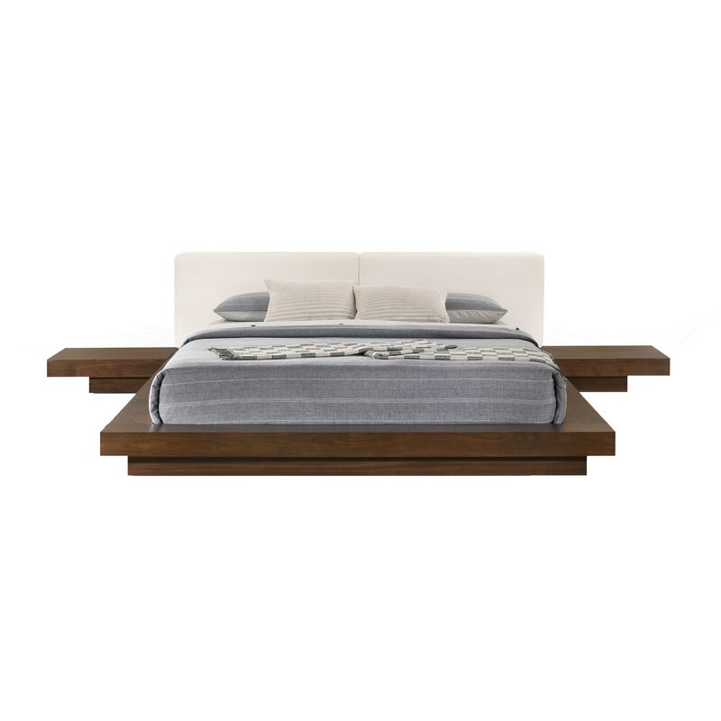 Nia Queen Size Bed, White Faux Leather, Walnut Brown Low Profile Platform  - Benzara