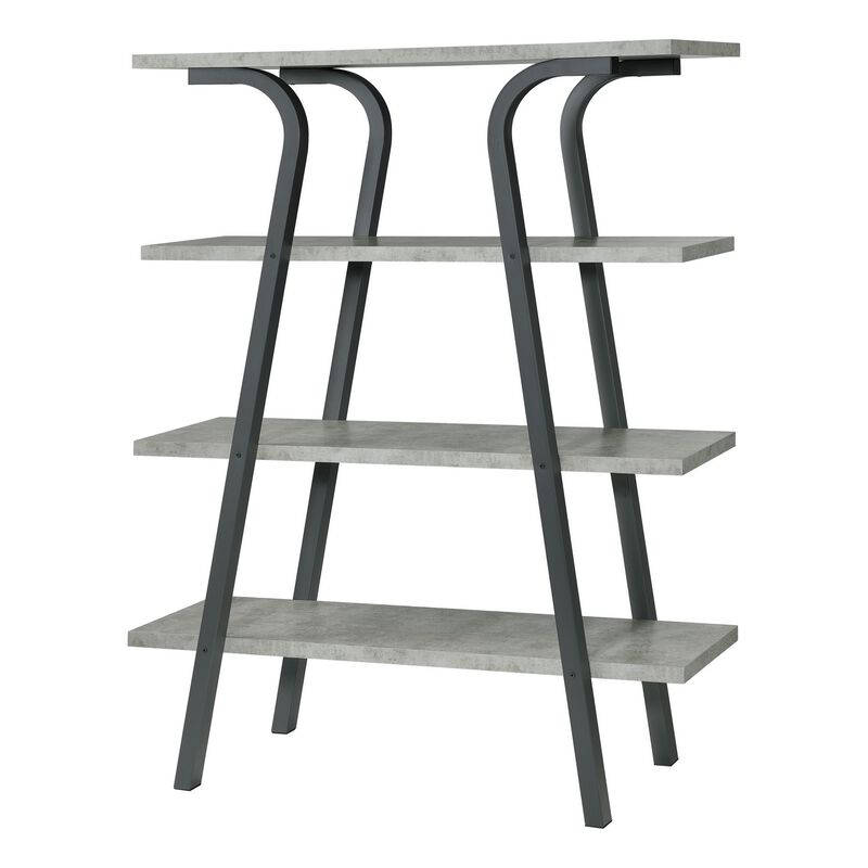 Ota 63 Inch Geometric Bookcase, 4 Cement Gray Wood Shelves, Gray Metal-Benzara image number 4