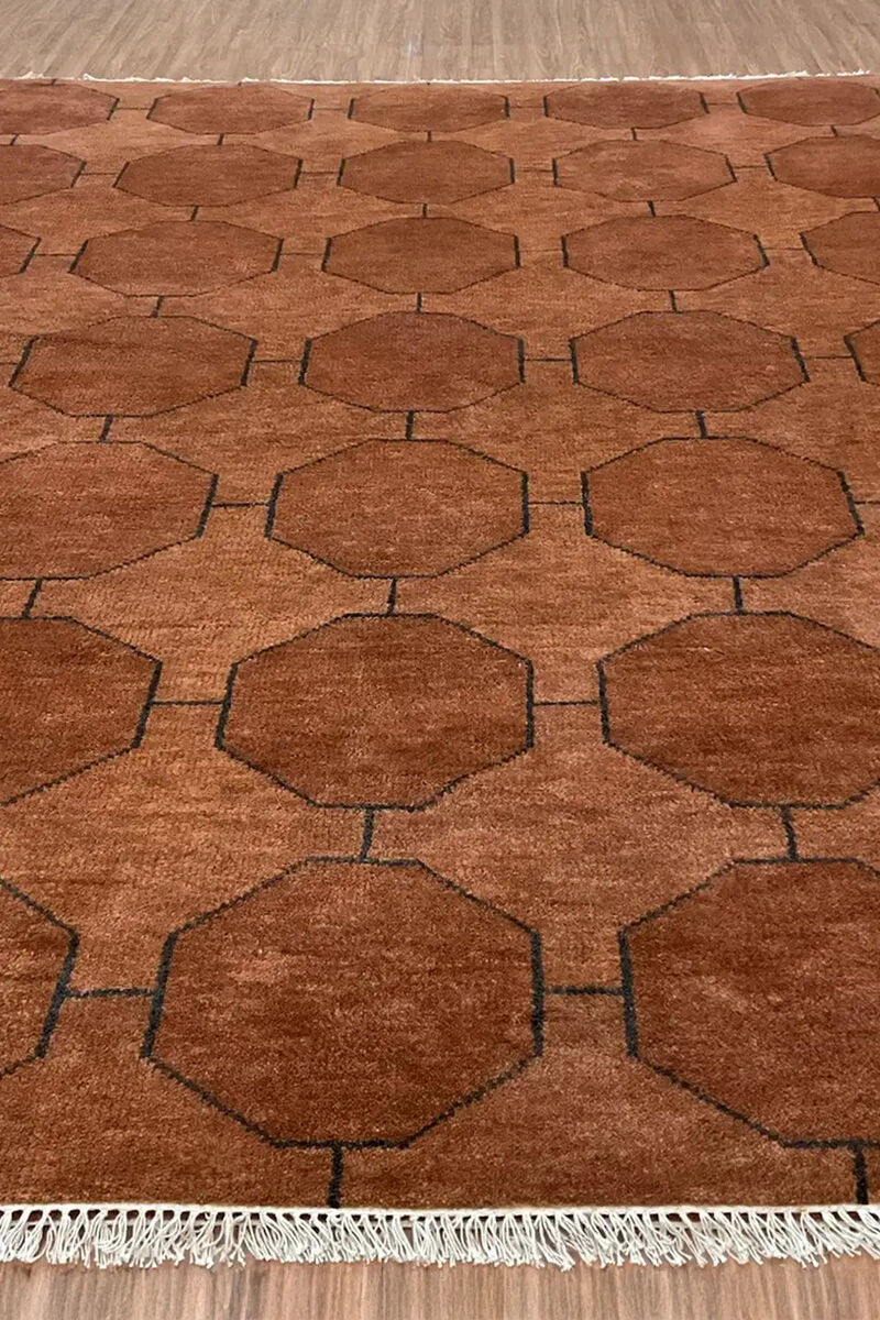 Jubi Brown Octagon Hand-Knotted Geometric Wool Rug