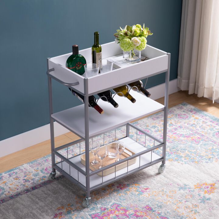 White & Silver Metal Bottle Rack Kitchen Cart with 3 Shelves and Locking Sturdy Rubber Wheels