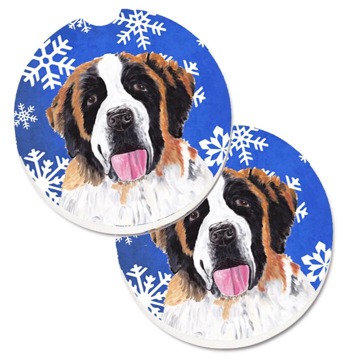 Caroline's Treasures Saint Bernard Winter Snowflakes Holiday Set of 2 Cup Holder Car Coasters SC9382CARC, 2.56, Multicolor