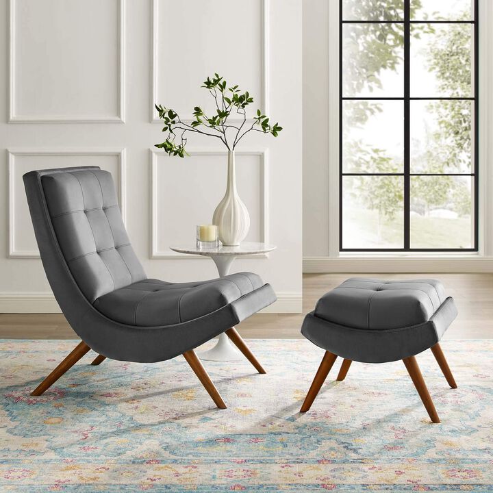 Modway Ramp Biscuit Tufted Performance Velvet Living Room Lounge Chair and Ottoman Set in Gray