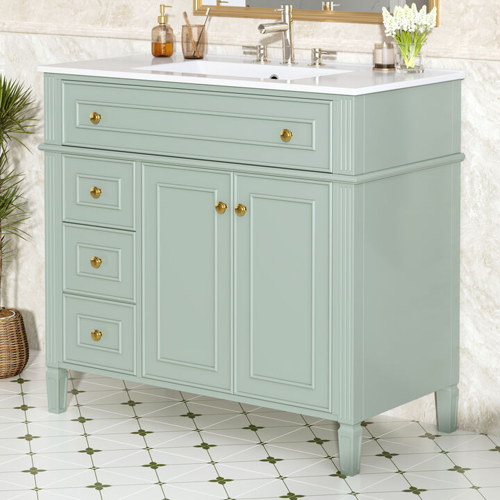 Merax Freestanding Bathroom Storage Vanity with Gold-Tone Handles, 2 Drawers & Cabinet
