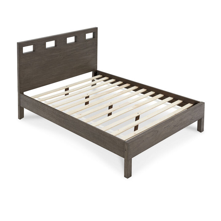 Yee King Bed, Gray Wood, 4 Side Drawers, Cut Out Headboard Design - Benzara