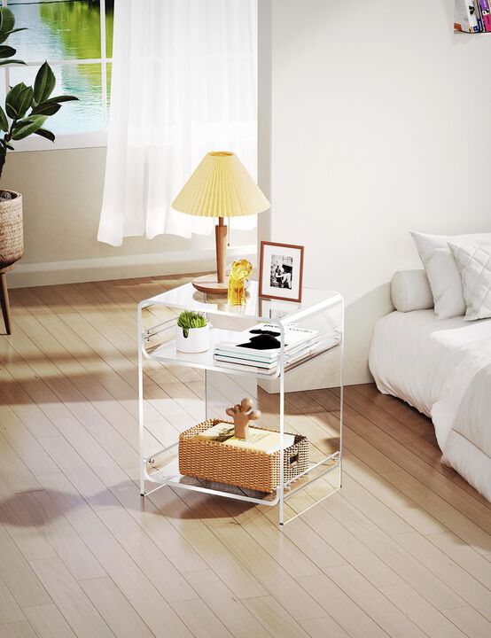 Acrylic End Table Record Player Table with Storage Shelf Clear Side Table Nightstand (Orange, 15.7x19.7x11.8) (Clear)