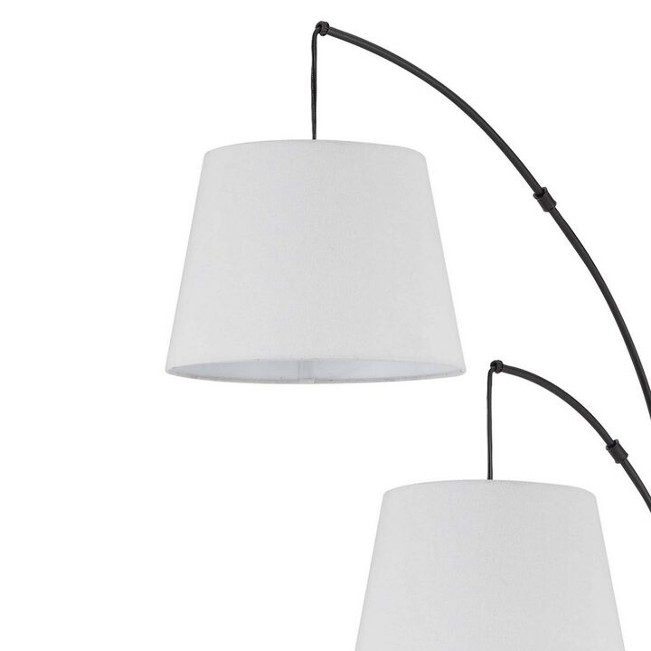 84 Inch Floor Lamp, 3 Tree Style White Drum Shades, Black Metal Finish - Benzara