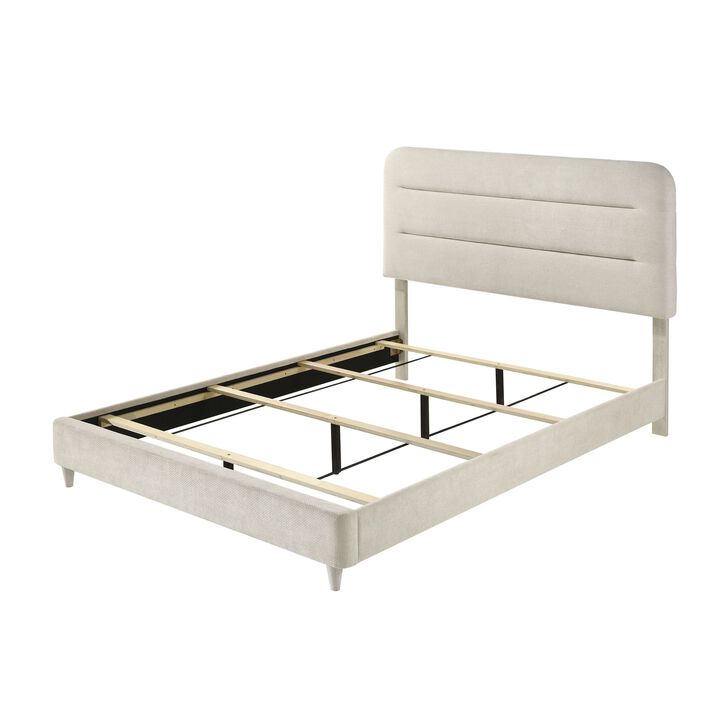 Meni Queen Size Bed, Scandinavian White Upholstery, Panel Headboard
