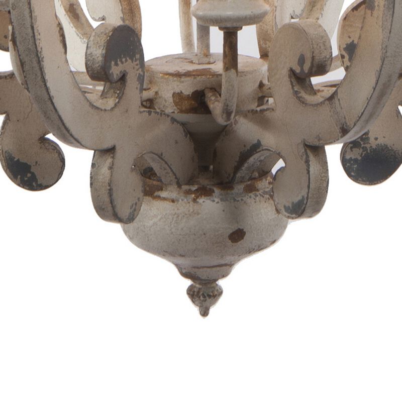 Aki 21 Inch 6 Light Chandelier, Carved Wood Frame, Classic, Vintage, White - Benzara