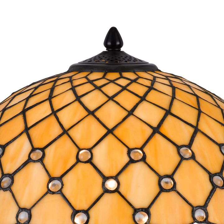 18 Inch Table Lamp, Pedestal, Tiffany Style Stained Glass, LED, Black Metal - Benzara