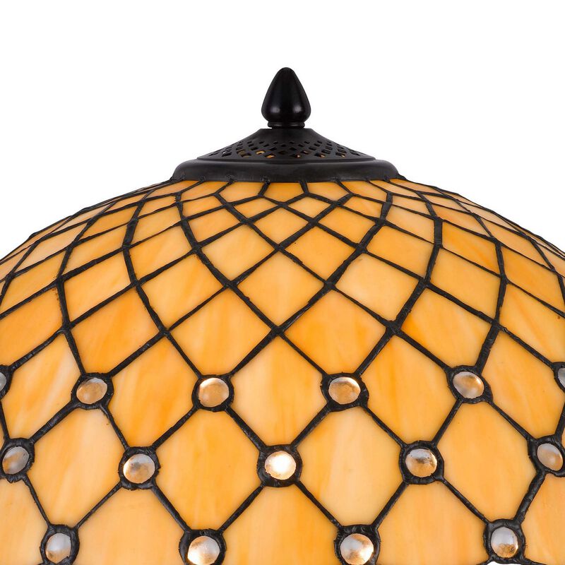 18 Inch Table Lamp, Pedestal, Tiffany Style Stained Glass, LED, Black Metal - Benzara