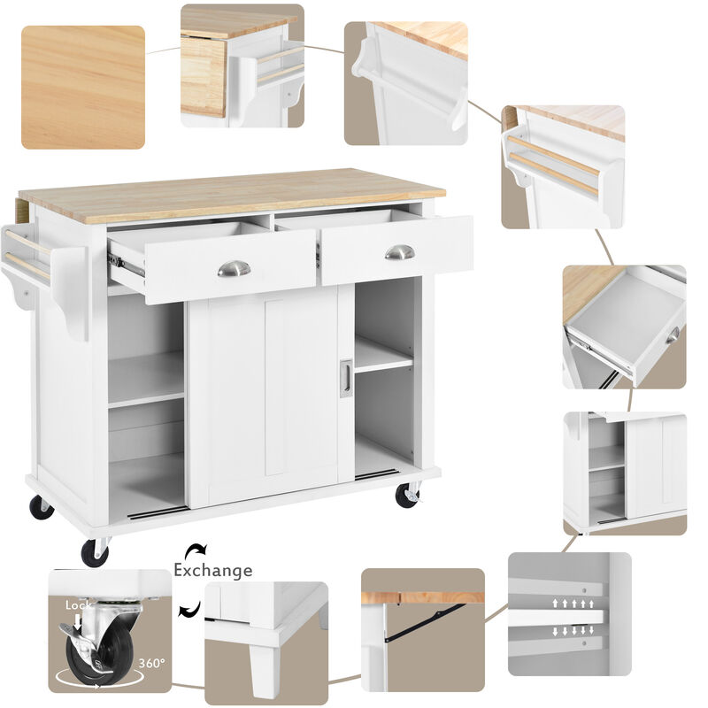 Whisen Modern Kitchen Island with Rubber wood Drop-Leaf Countertop and Storage Cabinet - White