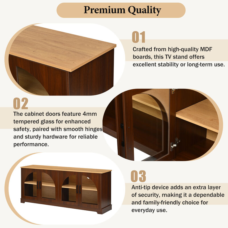 TATEUS Elegant Farmhouse Media Sideboard with Semi-Arched Glass Doors, 70" TV Stand Cable Management image number 5
