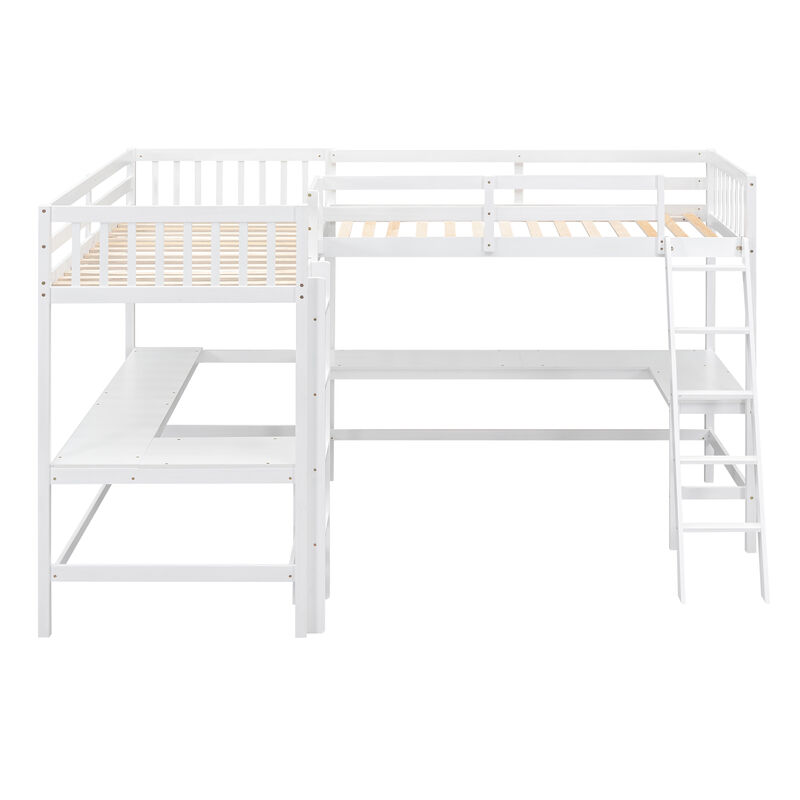 Whisen Wood Twin Size L-Shaped Loft Bed with Ladder and 2 Built-in L-Shaped Desks - White