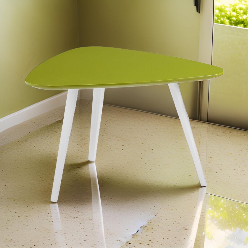 23 Inch Accent Table, Triangular Top, Green Lacquer Top and White Legs