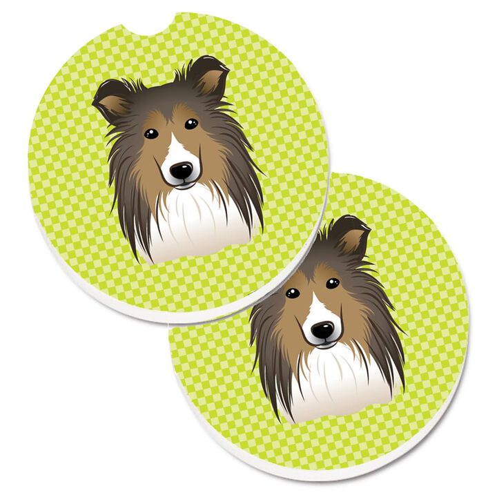 Caroline's Treasures Checkerboard Lime green Sheltie Set of 2 Cup Holder Car Coasters BB1304CARC, 2.56, Multicolor