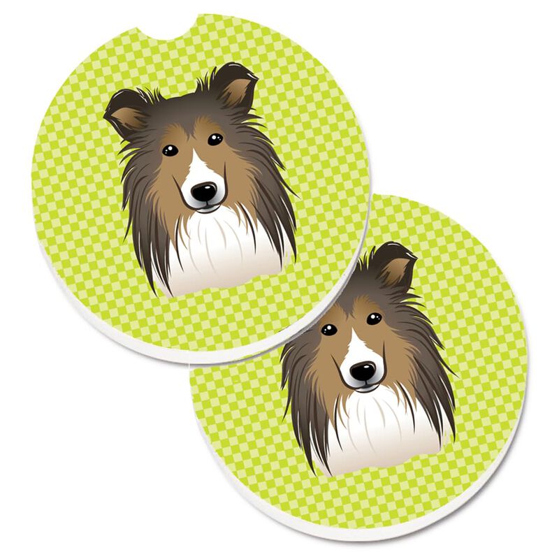 Caroline's Treasures Checkerboard Lime green Sheltie Set of 2 Cup Holder Car Coasters BB1304CARC, 2.56, Multicolor