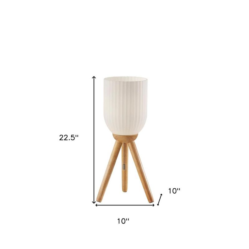 Hivvago 23" Natural Solid Wood Tripod Table Lamp With White Ribbed Glass Shade