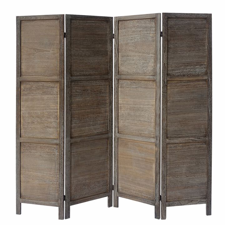 67 Inch Paulownia Wood Panel Divider Screen, Grain Details, Handcrafted, Rustic Brown-Benzara