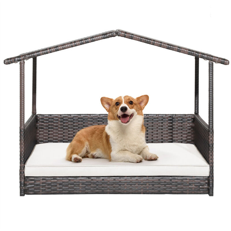 Weather-Resistant Outdoor Dog House with Canopy and Cushioned Rattan Bed