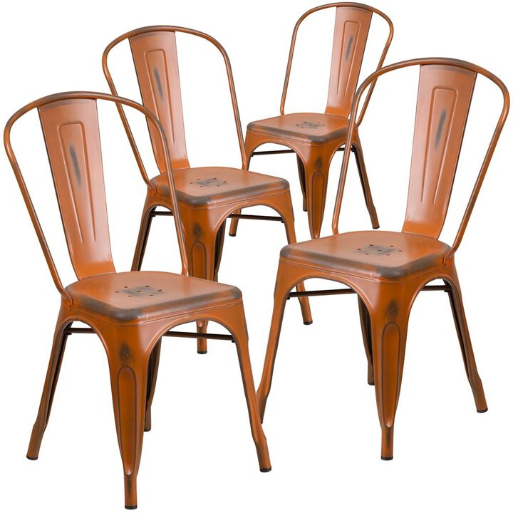 Flash Furniture 4 Pk. Distressed Orange Metal Indoor Stackable Chair
