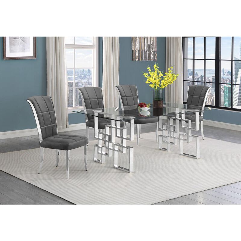 5-piece glam dining set with 4 dark grey chairs and a 79" long glass  table