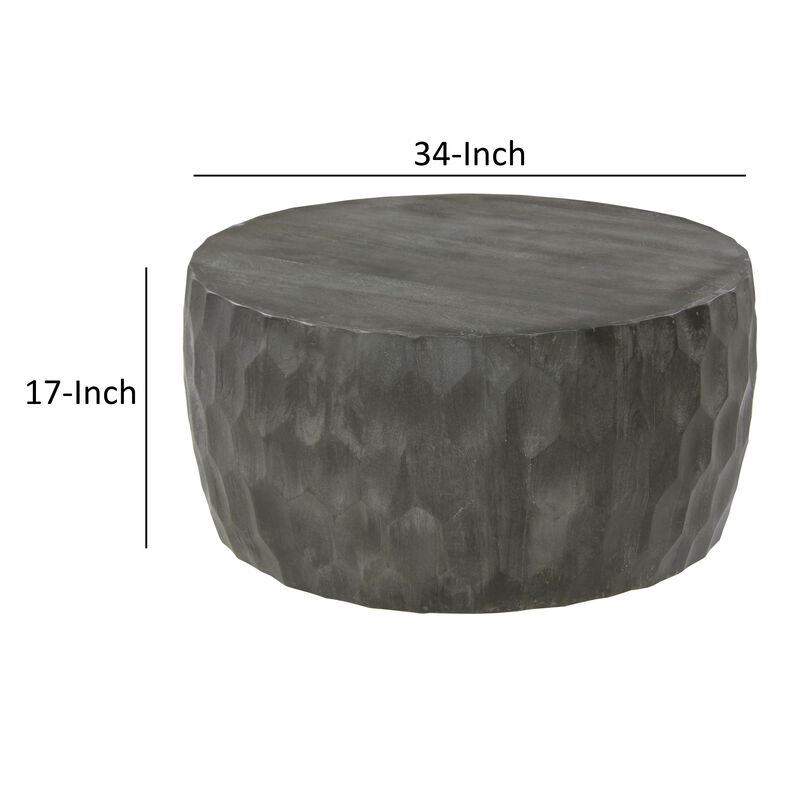 Val 34 Inch Handcrafted Mango Wood Coffee Table, Hammered Round Drum Shape, Honeycomb, Rustic Gray