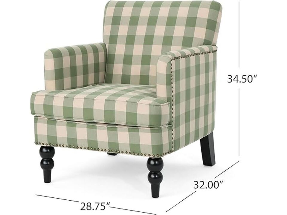 Accent Chair &ndash; Green Checkerboard Eve Club Armchair with Upholstered Cushion & Wood Frame