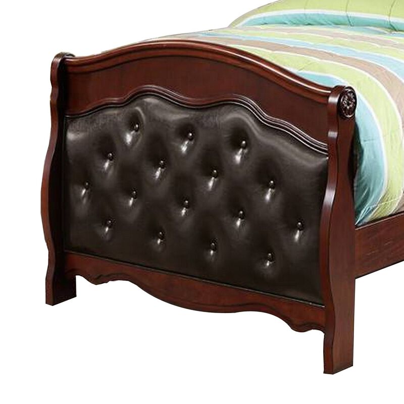 Jeny Twin Bed, Tufted Camelback, Cherry Brown, Faux Leather Upholstery - Benzara