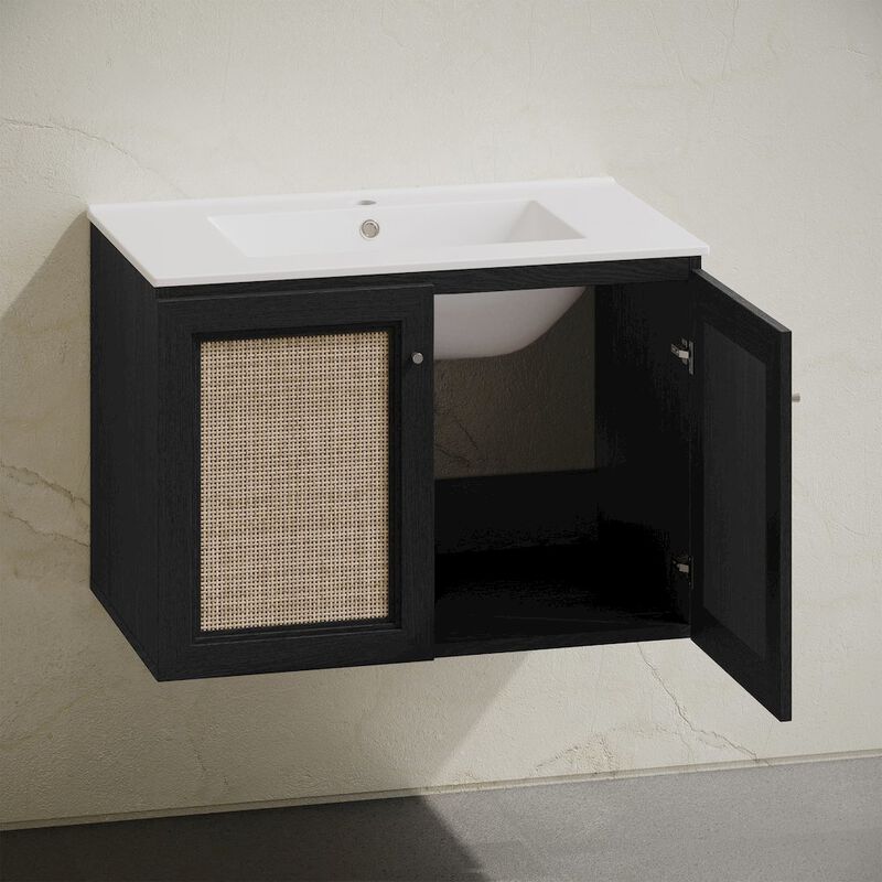 30" Wall-Mounted Bathroom Vanity in Black Oak with Single Faucet Hole Vanity Top image number 8