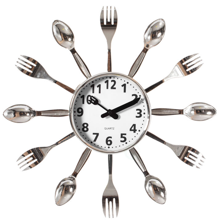 Decorative 3D Cutlery Utensil Spoon and Fork Wall Clock for Kitchen, Playroom or Bedroom, Multicolor