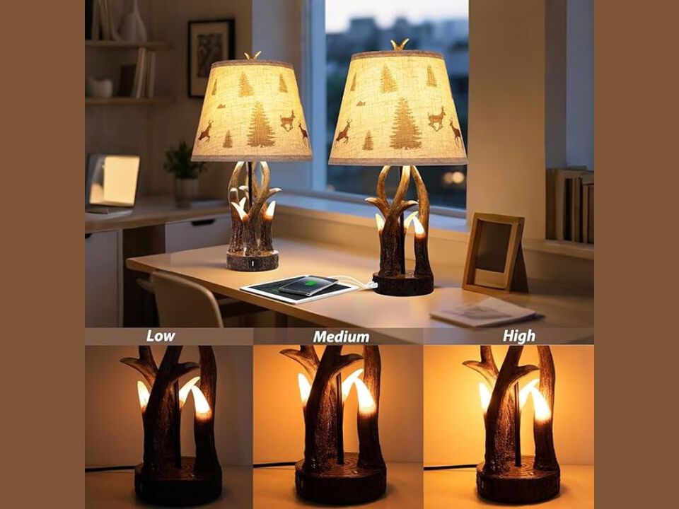 Table Lamp Set &ndash; Rustic Antler Touch Dimmable Dual Light with USB‑C/A Charging