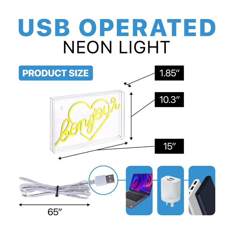 Bonjour Heart 15" X 10.3" Contemporary Glam Acrylic Box USB Operated LED Neon Light