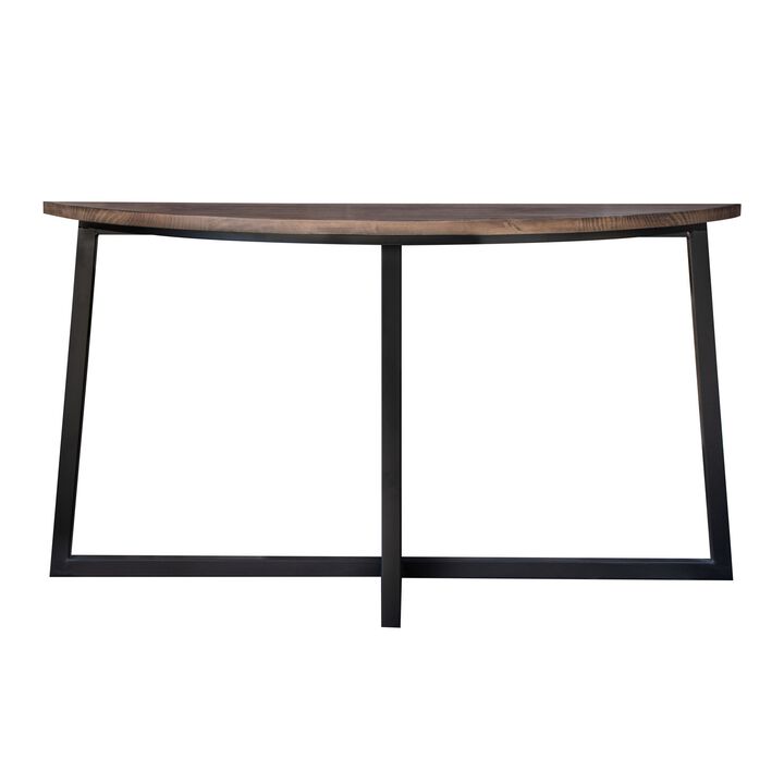 Rome 55 Inch Sofa Table, Black Wrought Iron Base, Brown Solid Pine Wood-Benzara