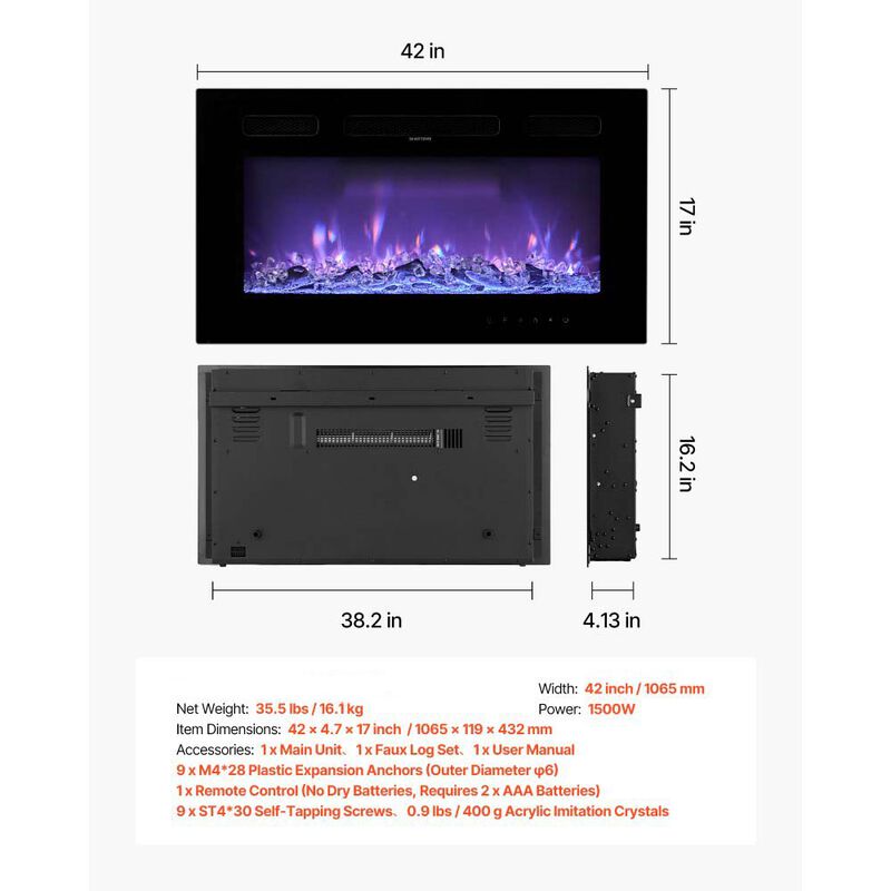 1500W Recessed Wall Electric Fireplace with Touch Control, Remote & Timer-Black image number 2