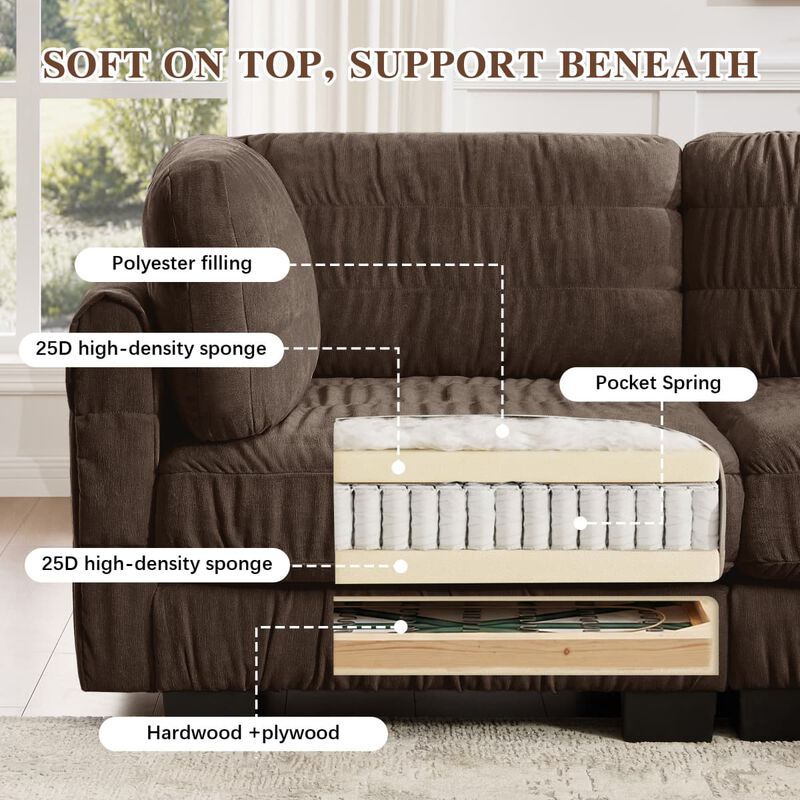 4 seat modular sectional sofa, Chenille L shaped sectional couch with ruched detailing, Modular sectional with movable ottoman image number 6