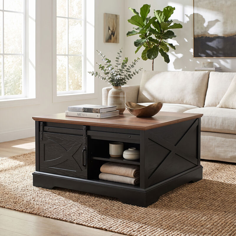 Modern 31.5" Black Dark Brown Wooden Farmhouse Square Coffee Table with Top Flip Cover and Sliding Barn Door Storage image number 2