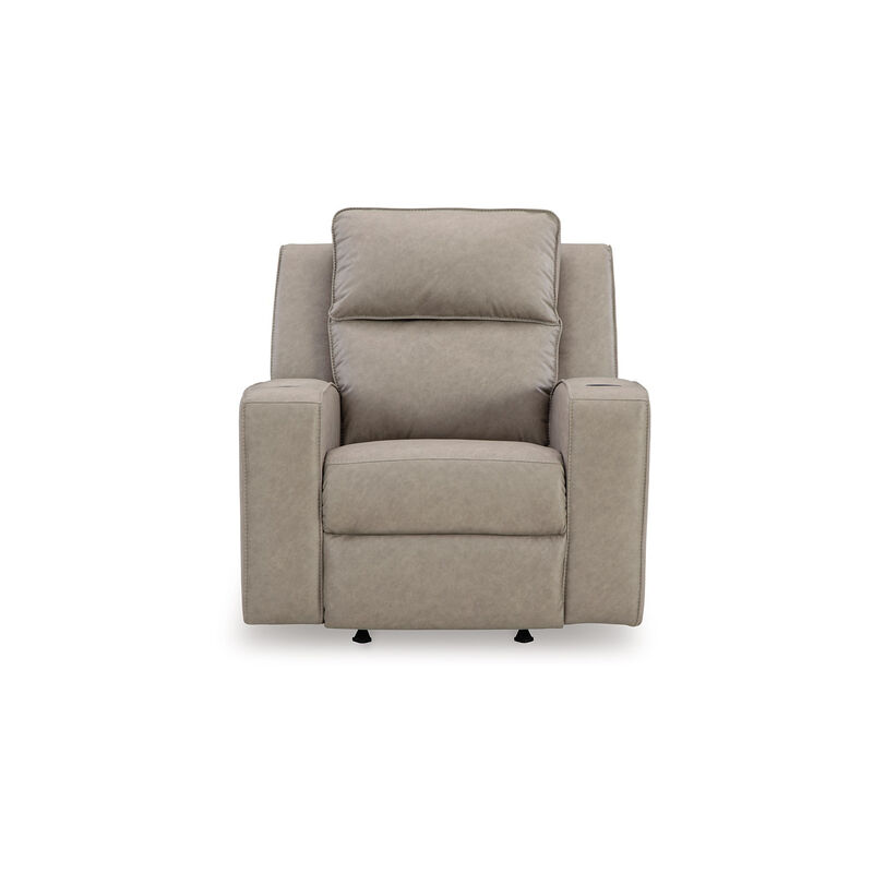 Livie Manual Rocker Recliner Chair, Cupholder, Beige Gray Faux Leather - Benzara