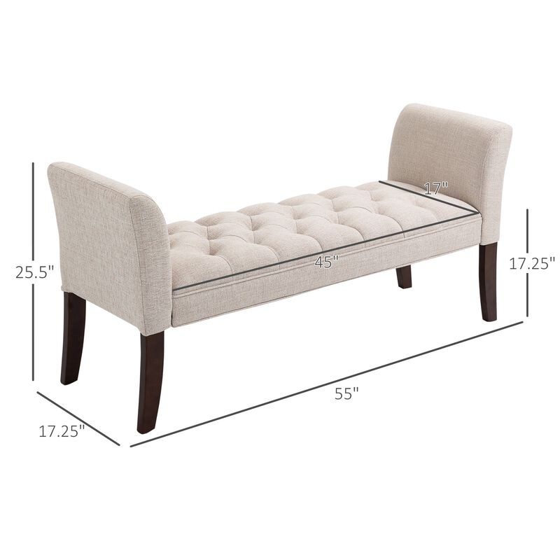 Beige Bedroom Accent: Button Tufted Bench with Arms & Wood Legs