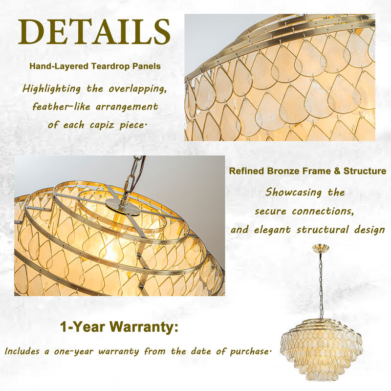 7-Light 24'' Mid-Century Modern Coastal Aged Bronze 4-Tier Natural Capiz Shell Chandelier Vintage Glam Pendant Light For Dining Room Living Room or Foyer image number 6