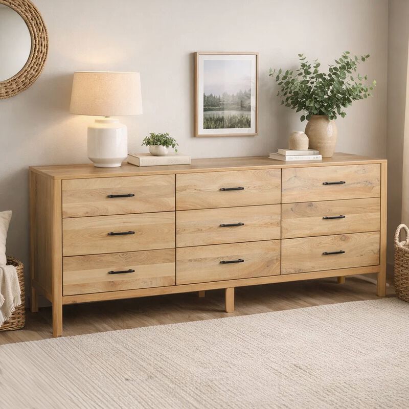 Geti 84 Inch Wide Dresser, 9 Spacious Drawers, Handcrafted Natural Oak White Mango Wood image number 7