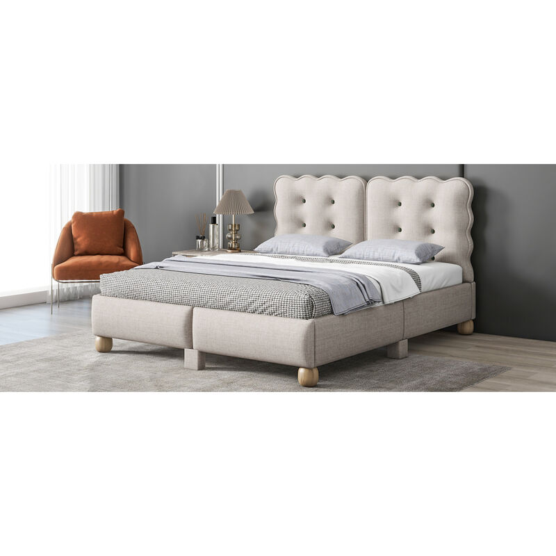 Full Size Upholstered Platform Bed with Support Legs, Beige