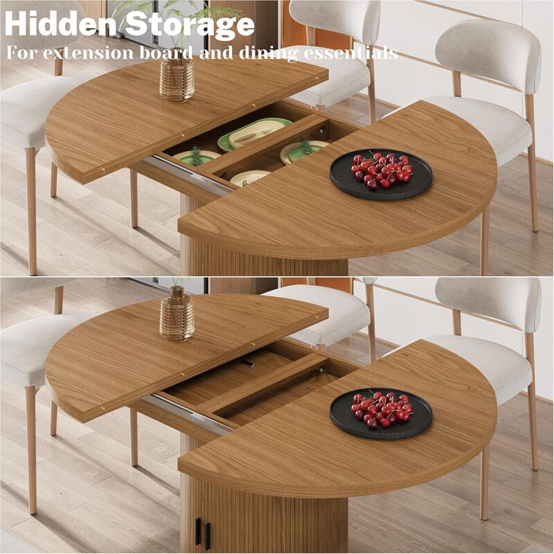 Vipbear 43" to 59" Extendable Round Dining Table, Solid Wood Top with Storage Cabinet, Kitchen image number 7
