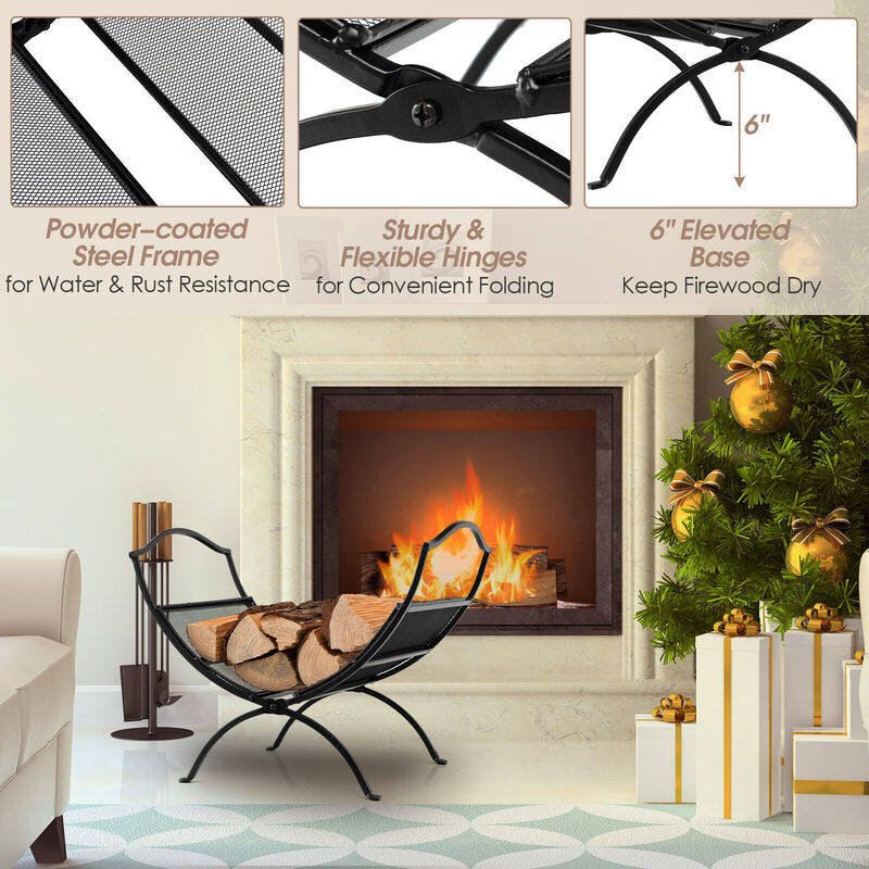 19 Inch Folding Fireplace Log Rack with Convenient Handle-Black