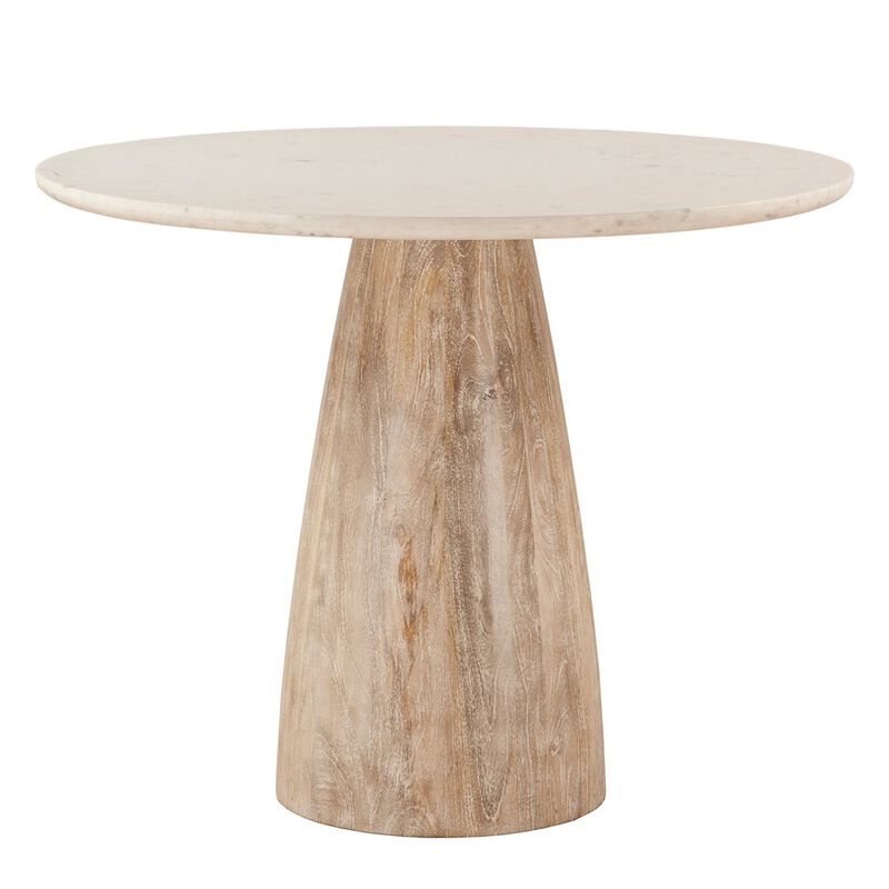 World Interiors Palm Desert Natural White Marble Dining Table with Modern Washed Wood Base