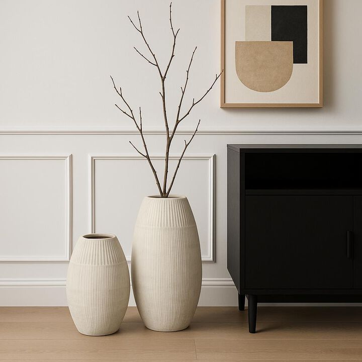 HomeRoots 21" White Striped Ceramic Cylinder Floor Vase