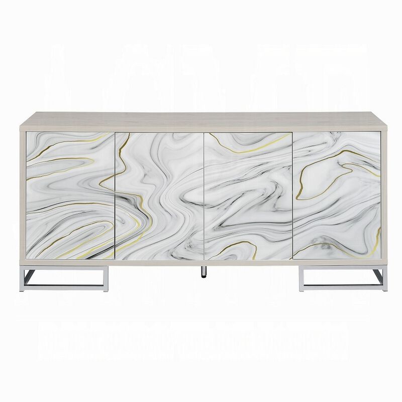 Anok Sideboard Console Cabinet, White Marble Look, Chrome, 65 Inch