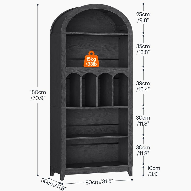 Arched 5 Tier Bookshelf with Storage, Decorative Open Shelf Bookcase-Black image number 2